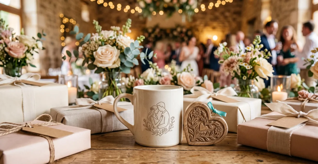 Gros plan sur un cadeau personnalisé avec motif gravé posé sur la table des présents lors d'un mariage.