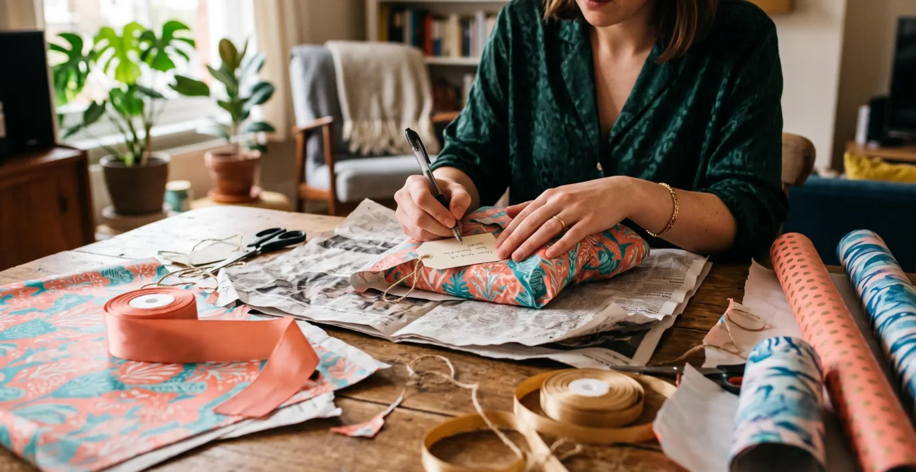Un invité emballe avec soin un cadeau sur une table couverte de papiers créatifs, de rubans et d'étiquettes.