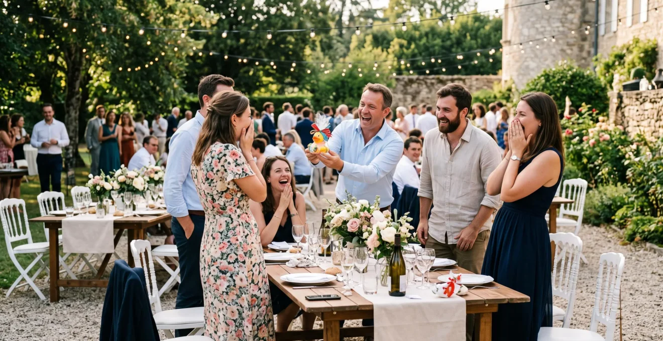 Des invités de mariage rient autour d'une table de jardin tandis qu'un convive présente un cadeau amusant.