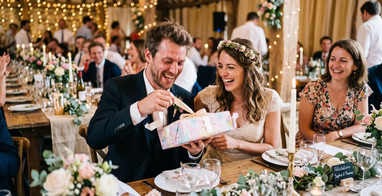 Des mariés rient en déballant un cadeau humoristique lors d'une réception de mariage, un invité souriant à leurs côtés.