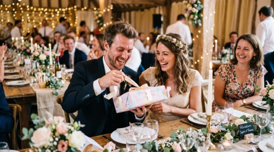 Des mariés rient en déballant un cadeau humoristique lors d'une réception de mariage, un invité souriant à leurs côtés.